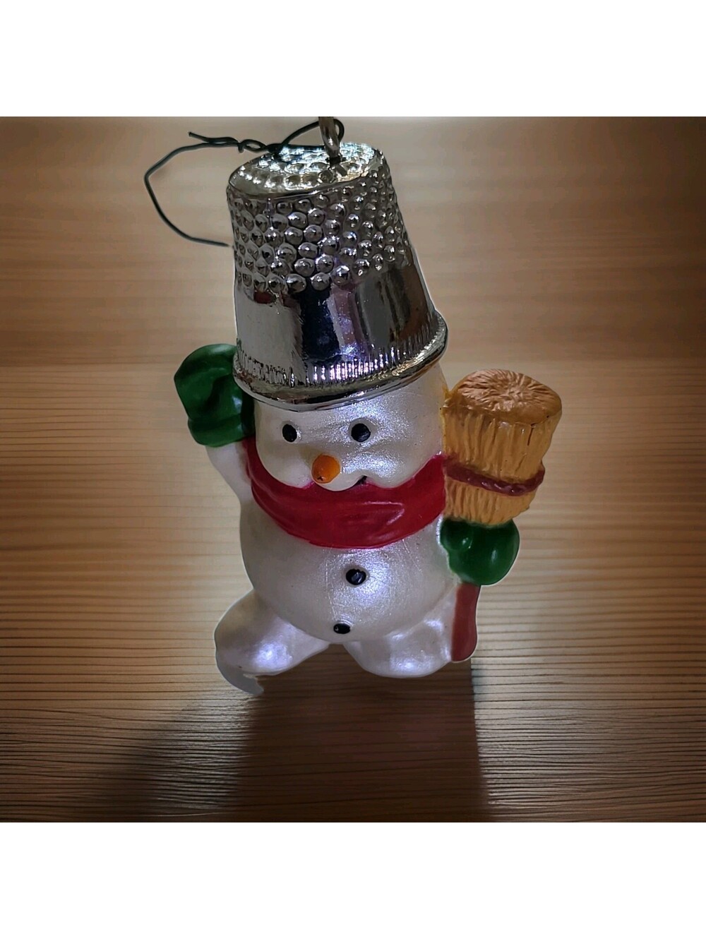 Vtg Hallmark 1988 Christmas Ornament Snowman W Thimble Broom EUC 3D 2.25" A22